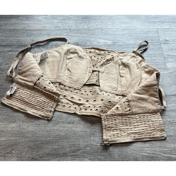NWT Jason Wu Women Spaghetti Strap Linen Eyelet Smocked Crop Top Sand NWOT Sz 6 - Picture 5 of 8